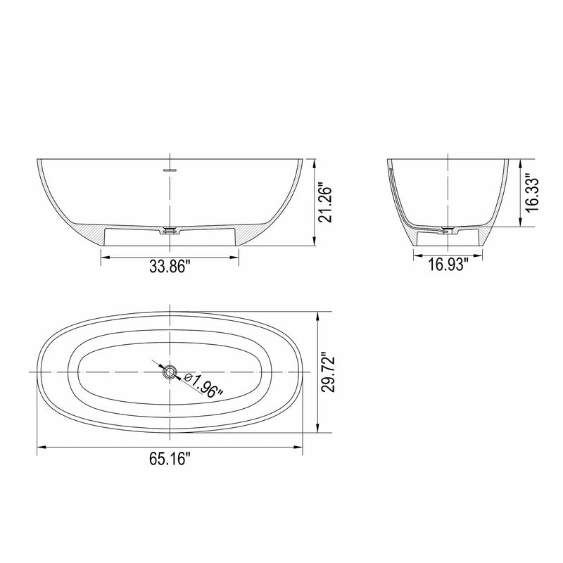 65.2" Freestanding Solid Surface Soaking Bathtub For Bathroom - Matte White