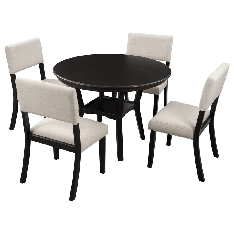 5 Piece Kitchen Dining Table Set Round Table With Bottom Shelf, 4 Upholstered Chairs For Dining Room - Espresso