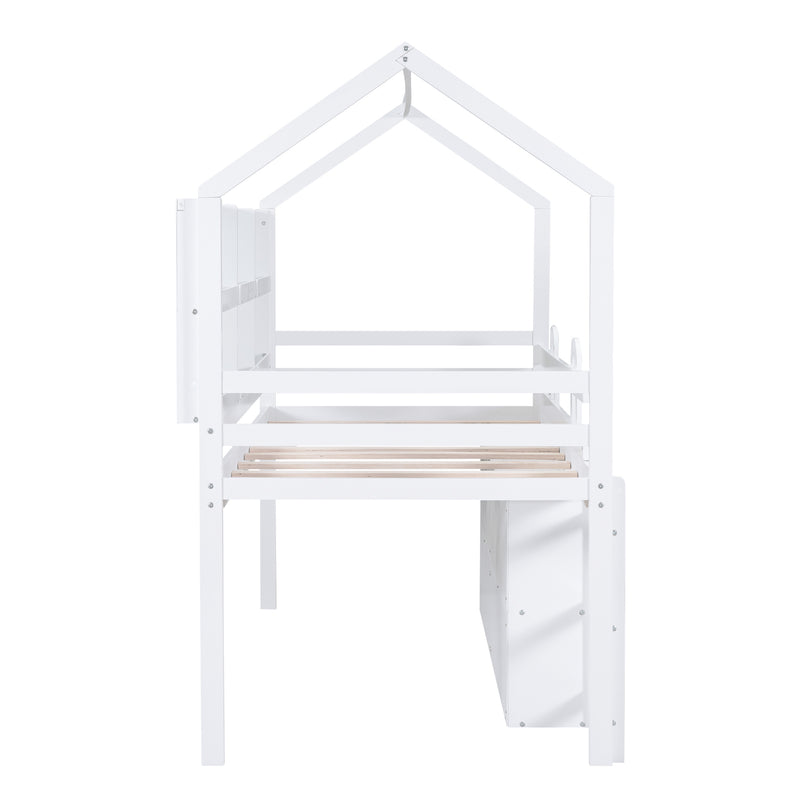Twin Size House Loft Bed with Multiple Storage Shelves, White
