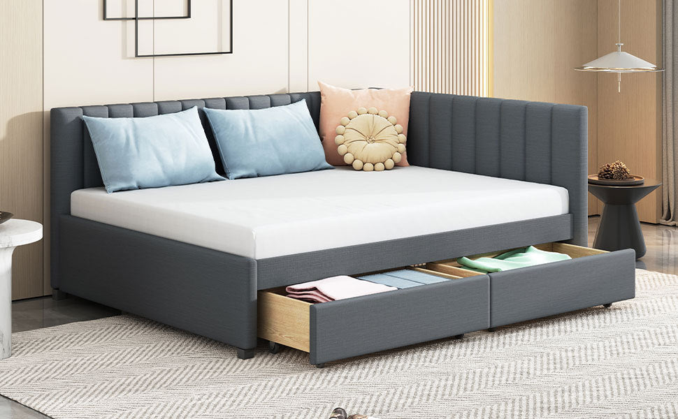 Full Size Upholstered Daybed with 2 Storage Drawers Sofa Bed Frame No Box Spring Needed, Linen Fabric (Gray) - Atlantic Fine Furniture Melbourne FL