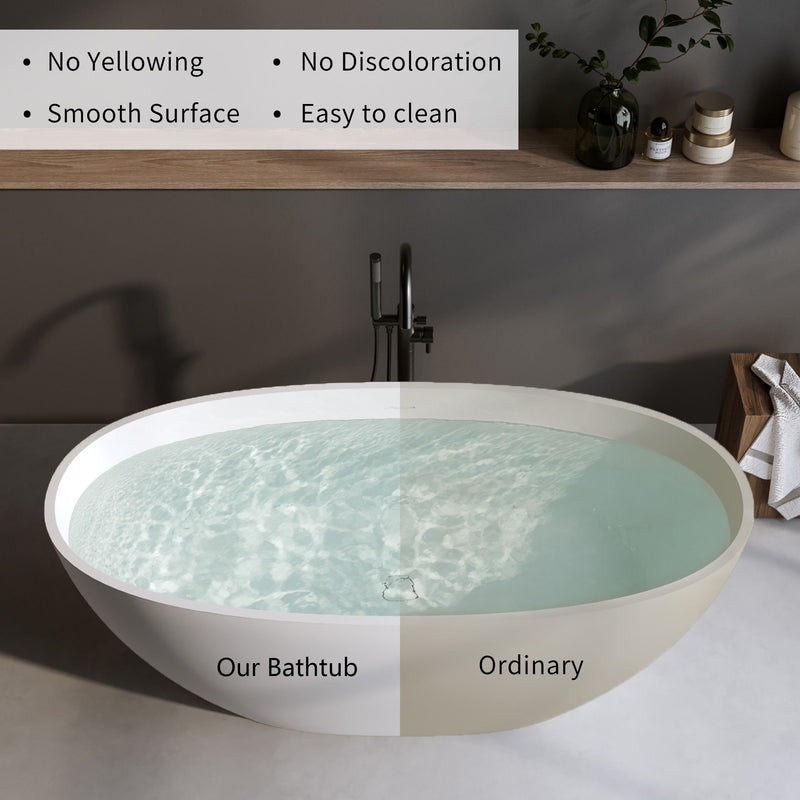 Solid Surface Matte Tub, Solid Surface Soaking Tub, Stone Resin Freestanding Bathtub, Thick Edge Stand Alone Tubs With Overflow, Pop-Up Drain (Oval) - Matte White