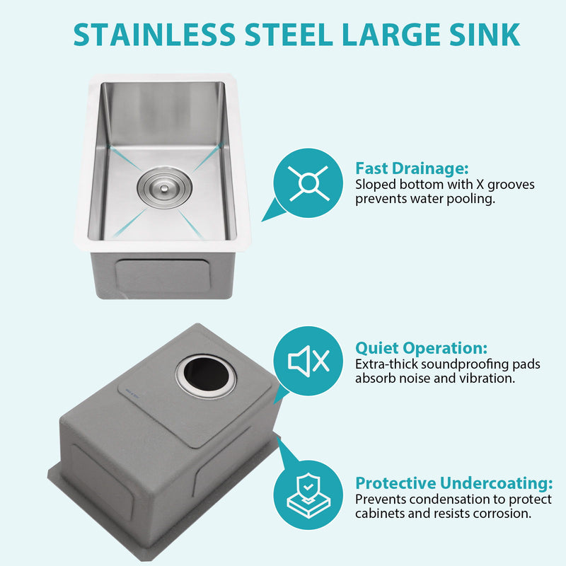 12" Undermount Kitchen Sink, Deep Single Bowl - Brushed Nickel