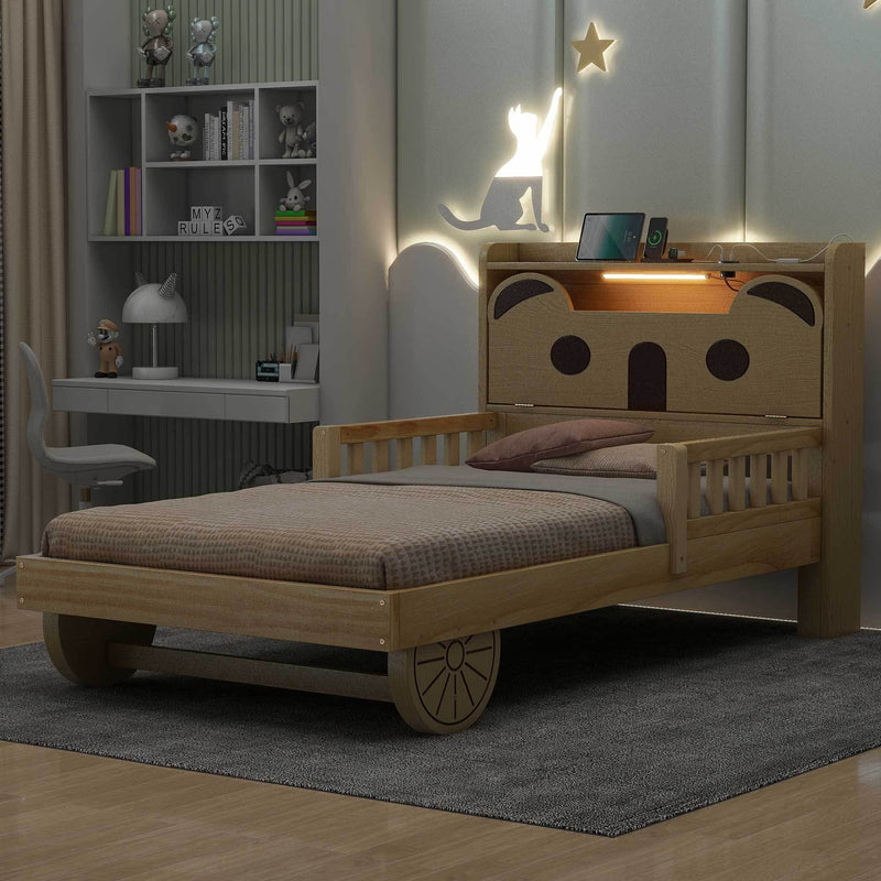 Twin Size Car Bed with Bear-Shaped Headboard, USB and LED, Natural