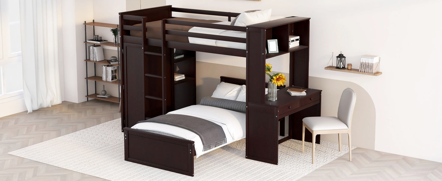 Twin size Loft Bed with a Stand-alone bed, Shelves,Desk,and Wardrobe-Espresso - Atlantic Fine Furniture Melbourne FL