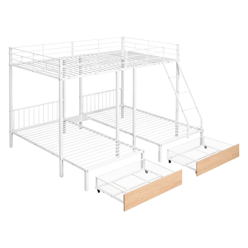 Bunk Bed, Metal Triple Bunk Bed With Drawers And Guardrails