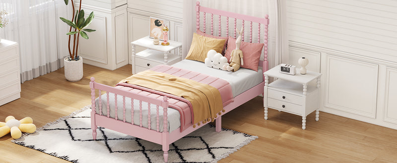 Twin Size Wood Platform Bed with Gourd Shaped Headboard and Footboard, Pink