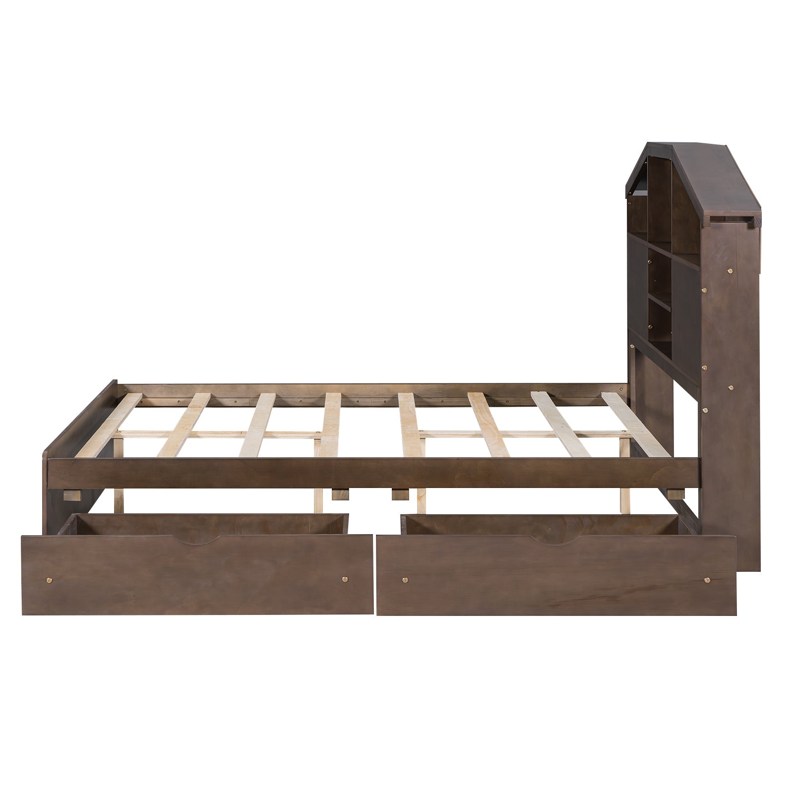 Full Size Wood Platform Bed with House-shaped Storage Headboard and 2 Drawers, Walnut - Atlantic Fine Furniture Melbourne FL