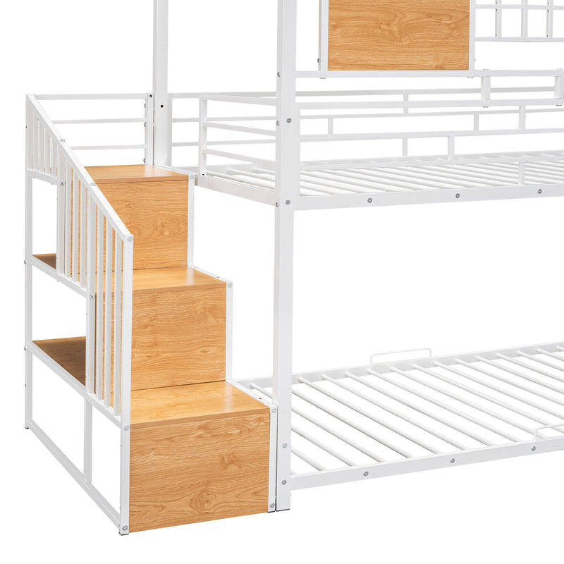 Metal Bunk Bed, Metal Housebed With Slide And Storage Stair