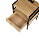 Rattan End Table With Power Outlet & USB Ports, Modern Nightstand With Drawer And Metal Legs, Side Table For Living Room, Bedroom