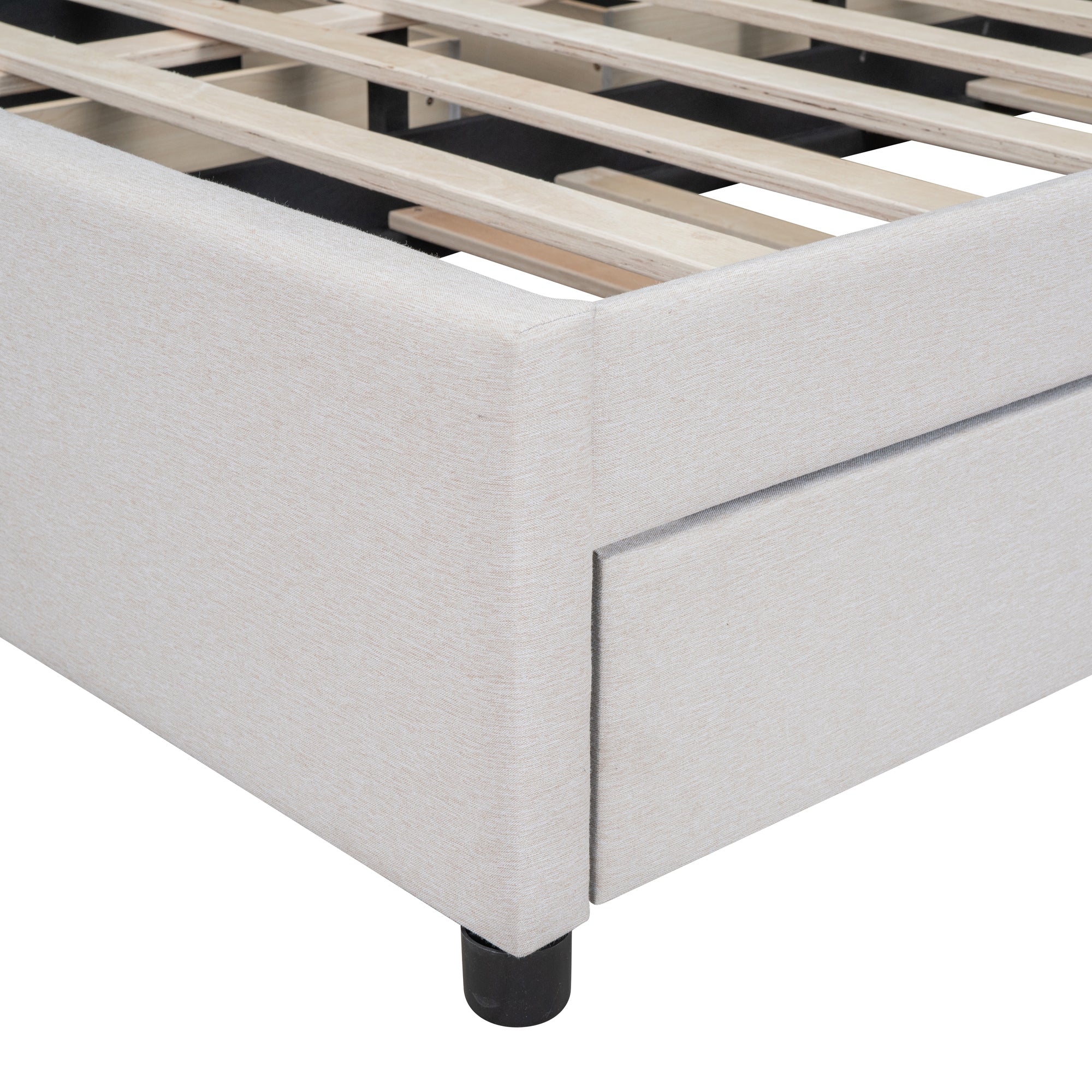 Queen Size Upholstered Platform Bed with 2 Drawers and 1 Twin XL Trundle, Classic Headboard Design, Beige - Atlantic Fine Furniture Melbourne FL