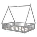 Full Tent-shaped Floor Bed, with Guardrails, Slats, Door ,Grey