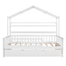 Wooden Full Size House Bed with Twin Size Trundle,Kids Bed with Shelf, White