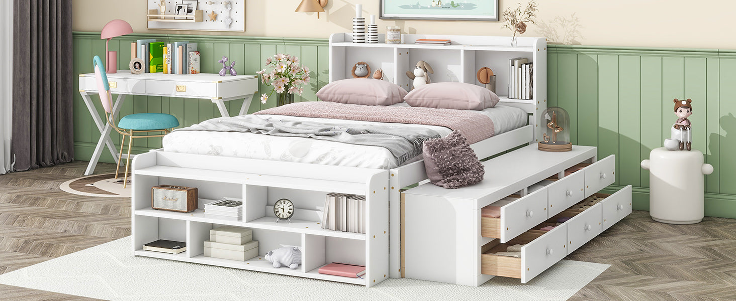 Full Bed with Bookcase Headboard, Under bed Storage Drawers and Bed End Storage Case,White