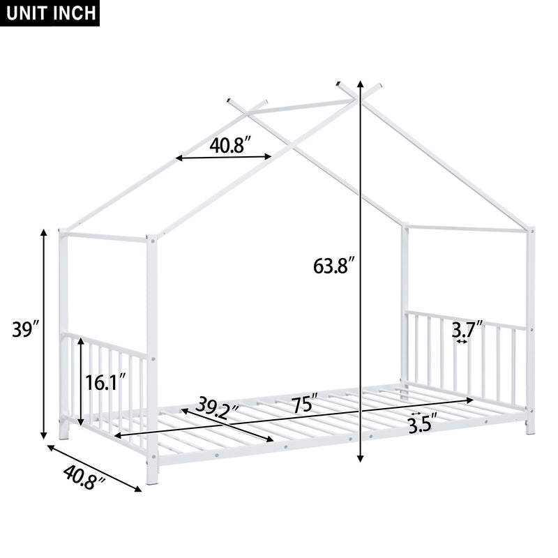 Twin Size Metal House Platform Bed - White