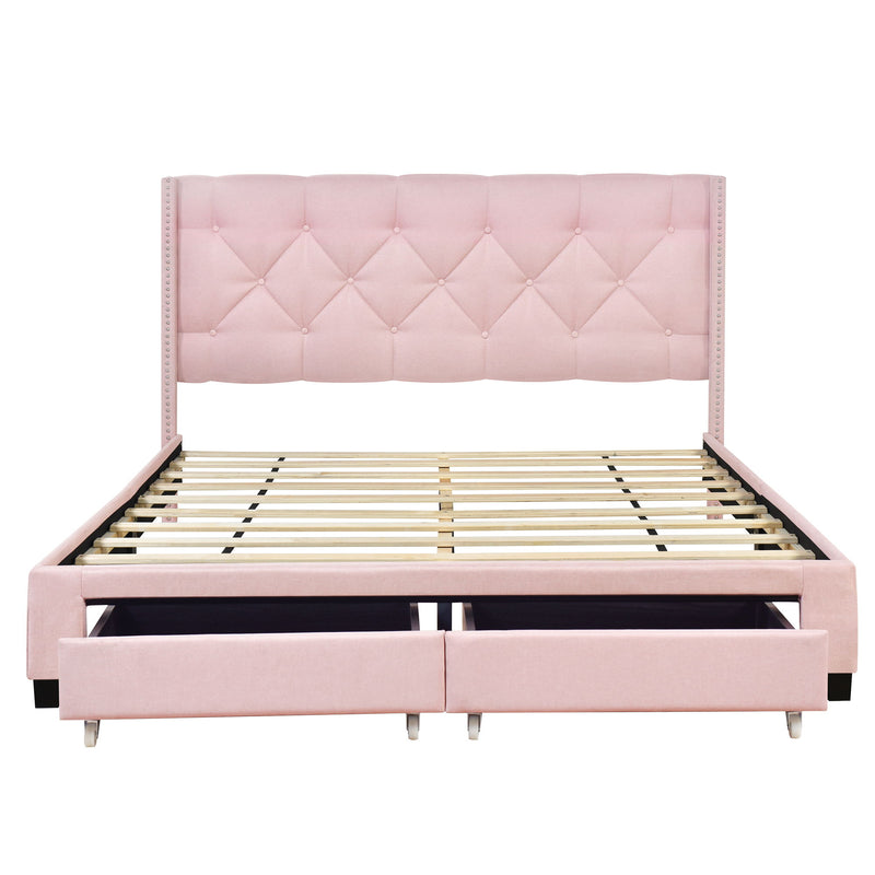 Queen Size Storage Bed Linen Upholstered Platform Bed With Two Drawers - Pink