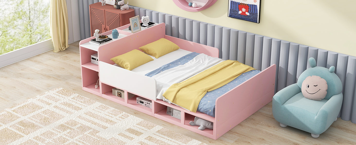 Wood Full Size Platform Bed with Storage Headboard, Guardrails and 4 Underneath Cabinets, Pink - Atlantic Fine Furniture Melbourne FL