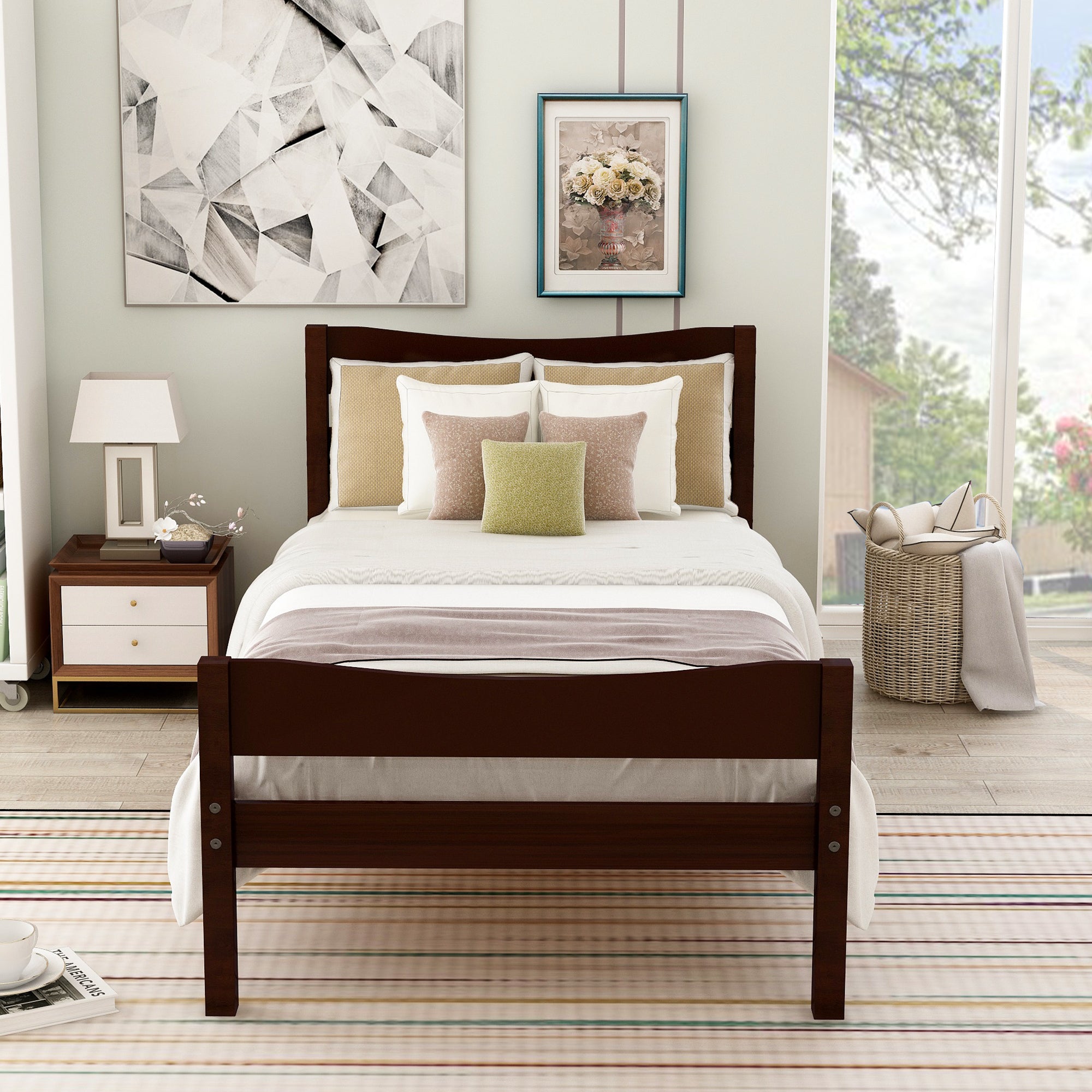 [Not allowed to sell to Walmart]Twin Size Wood Platform Bed with Headboard and Wooden Slat Support (Espresso)