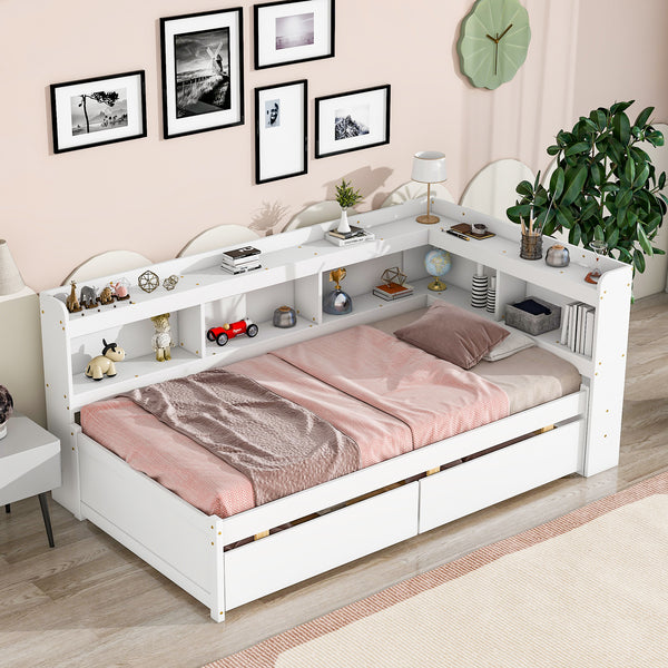 Twin Bed with L-shaped Bookcases,Drawers ,White