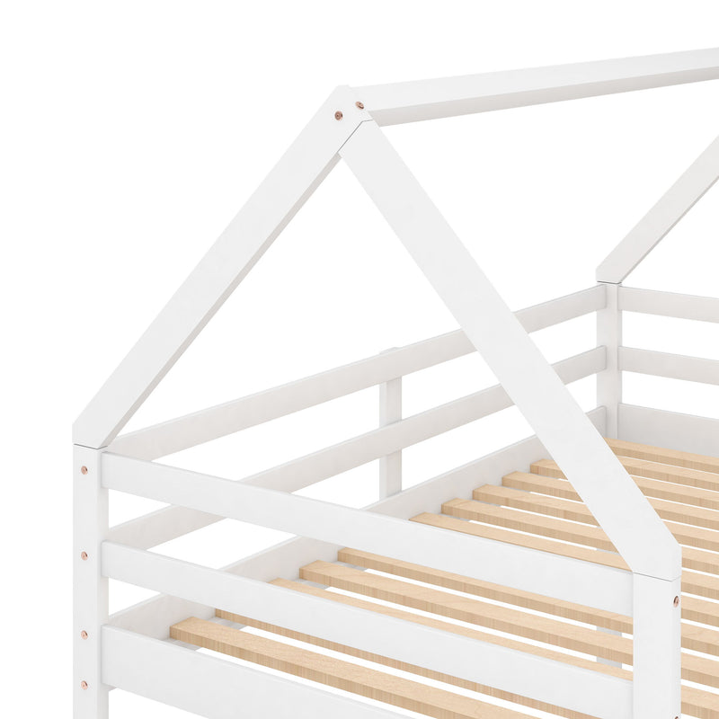 Twin Over Twin Low Bunk Bed, House Bed With Ladder - White