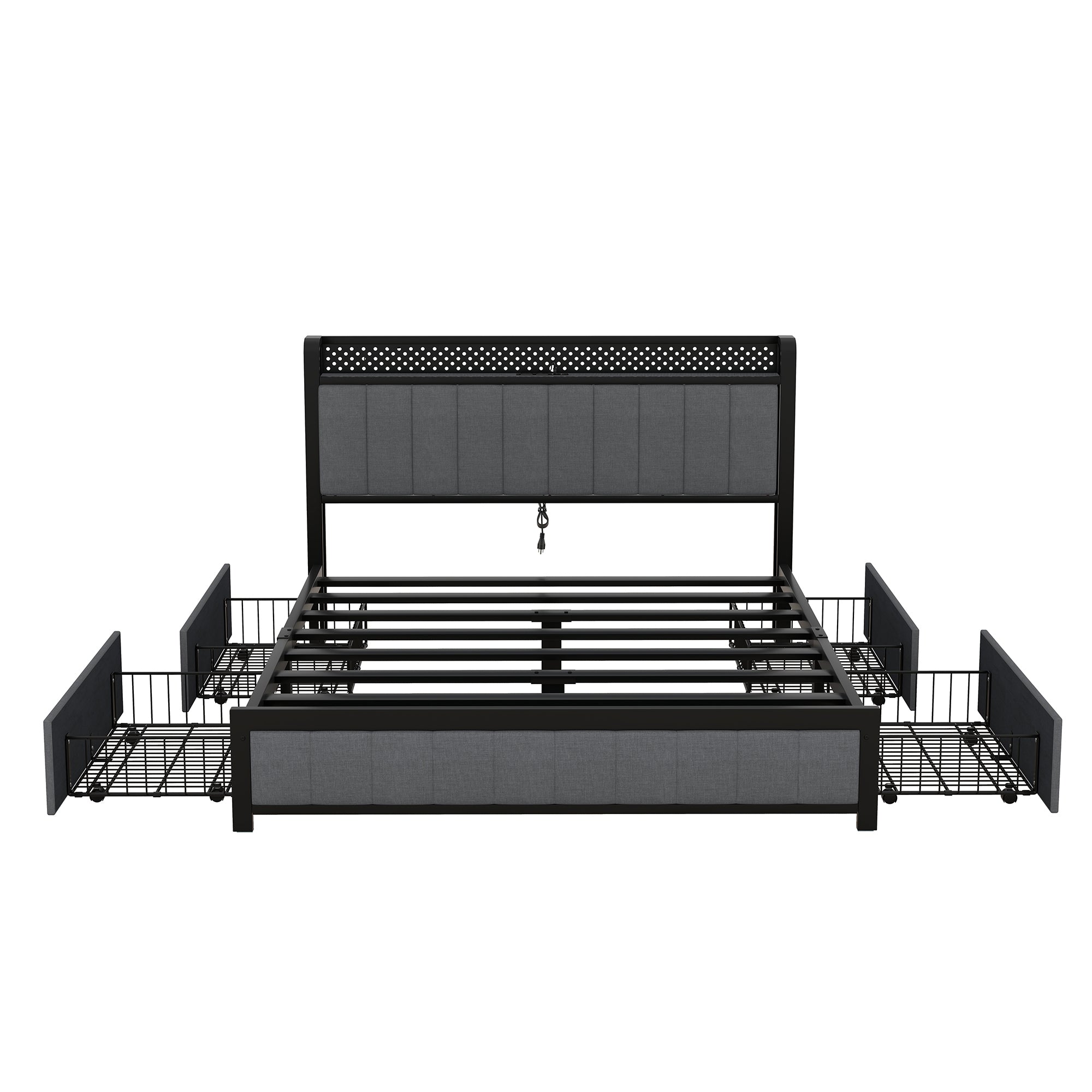 Queen Bed Frame with LED Headboard, Upholstered Bed with 4 Storage Drawers and USB Ports, Dark Grey - Atlantic Fine Furniture Melbourne FL