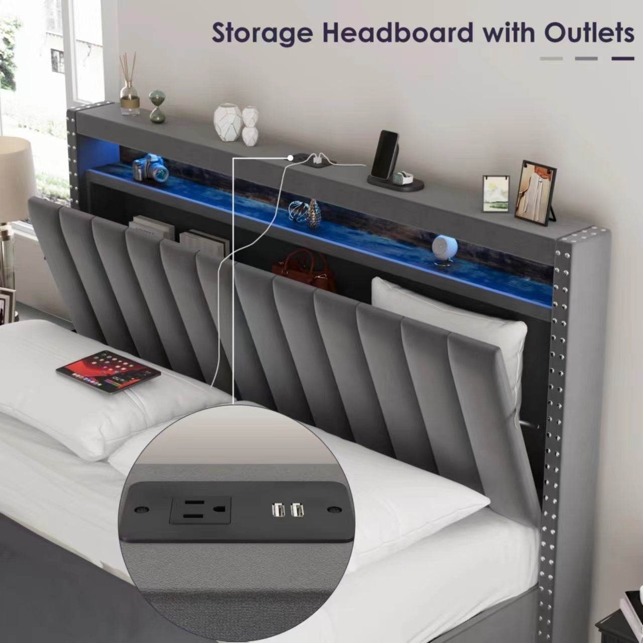 Luxury Gas Lift Storage Bed with RF LED Lights, Storage Headboard ,QUEEN Size ,Velvet Grey - Atlantic Fine Furniture Melbourne FL