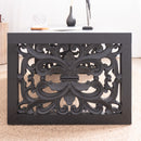 Rustic Carved Wood Coffee Table, Handcrafted Look With Ornate Side Panels