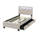 Upholstered Platform Bed With LED Frame, With Trundle And 2 Drawers