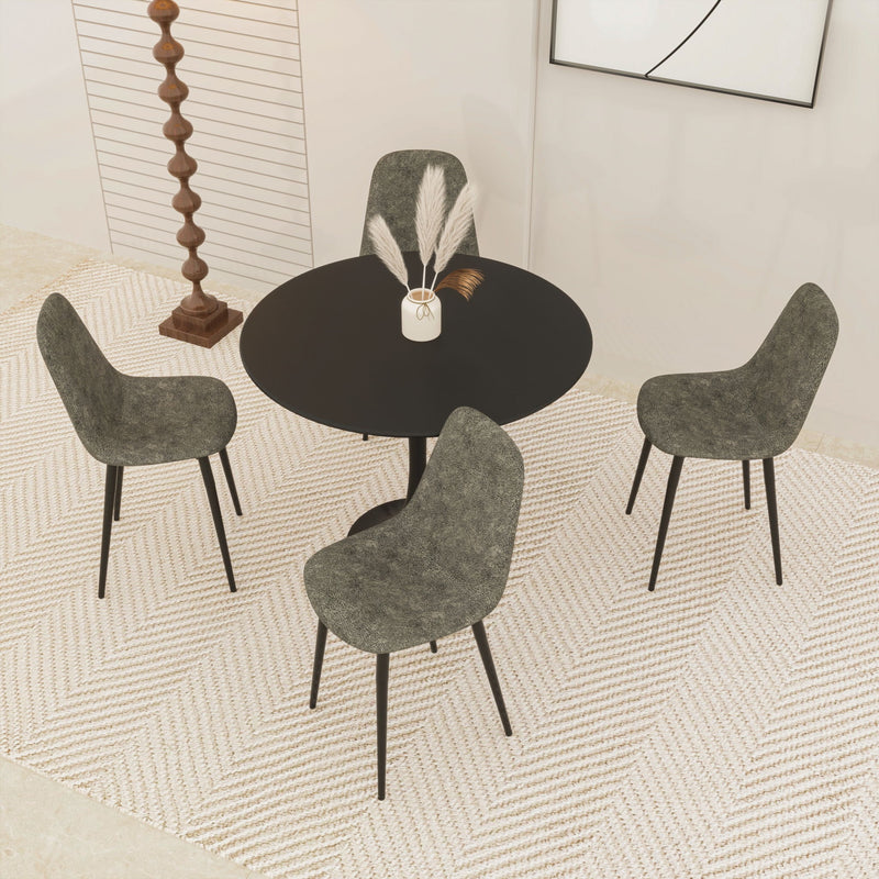 Modern Dining Table Set For 4 With Suede Upholstered Chairs, Round Design - Black / Gray