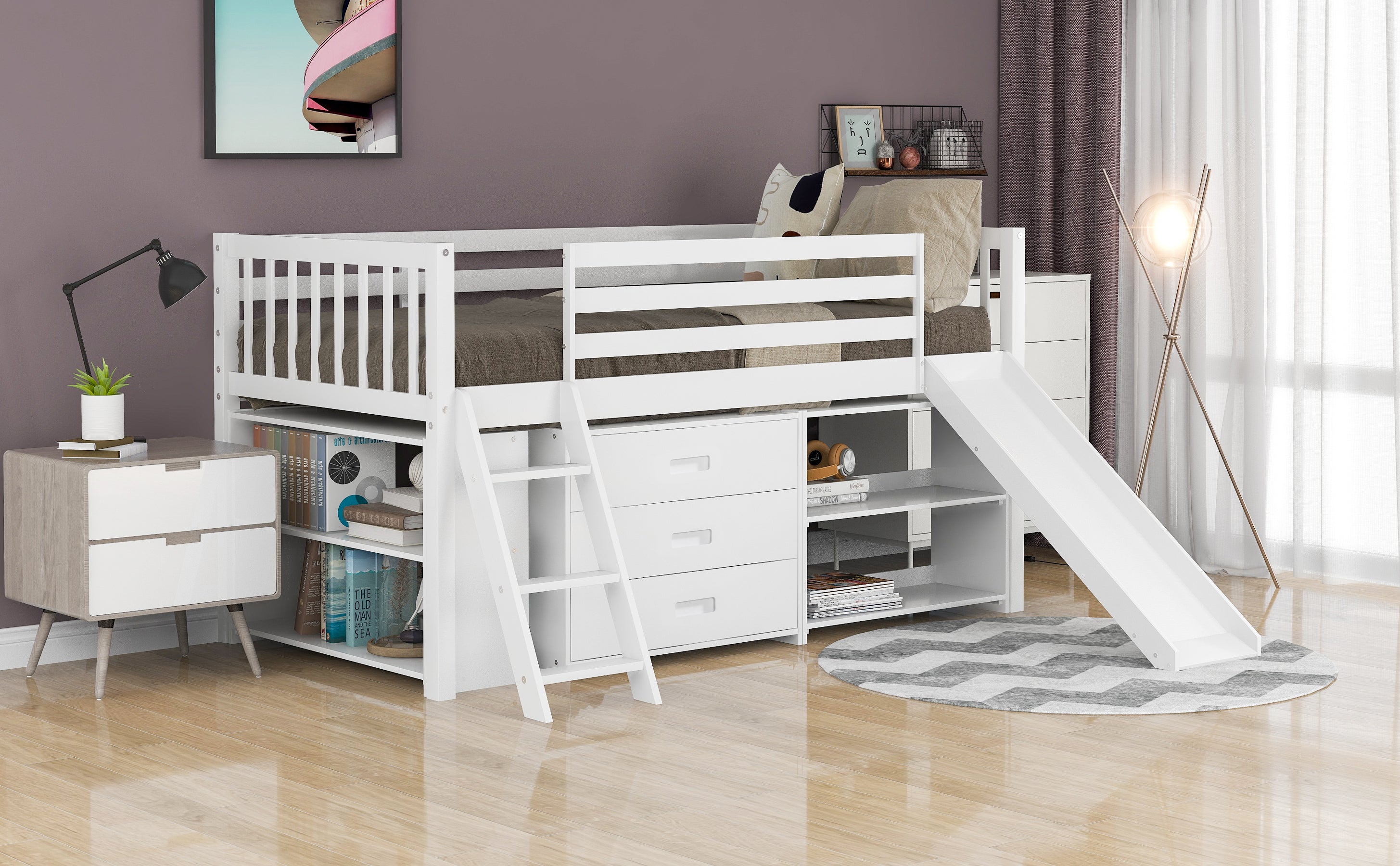 Low Loft Bed with Attached Bookcases and Separate 3-tier Drawers,Convertible Ladder and Slide,Twin,White - Atlantic Fine Furniture Melbourne FL