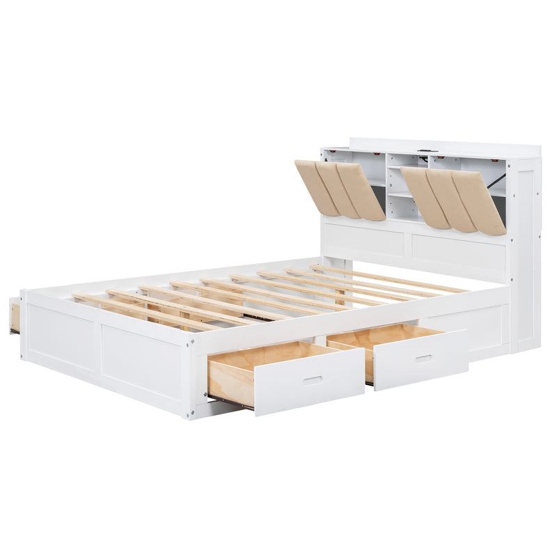 Wood Full Size Platform Bed with Storage Headboard and 4 Drawers, White