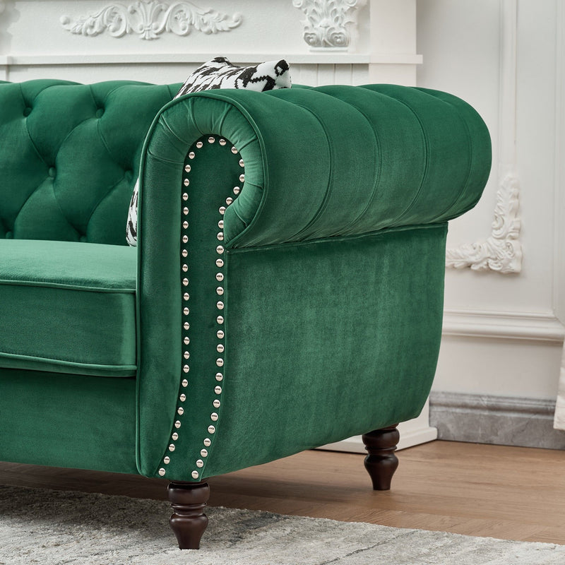 Chesterfield Velvet Fabric Sofa With Roll Armrest And Nailhead, Mid Century 2 Seater Couch