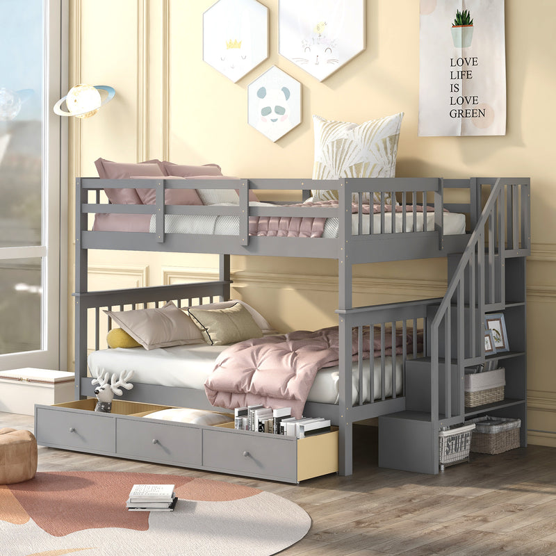 Stairway Full-Over-Full Bunk Bed with Drawer, Storage and Guard Rail for Bedroom, Gray color( old sku: LP000310AAE )