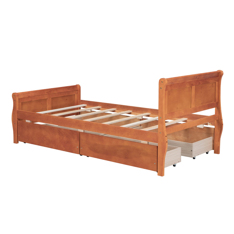 Twin Size Wood Platform Bed with 4 Drawers and Streamlined Headboard & Footboard, Oak