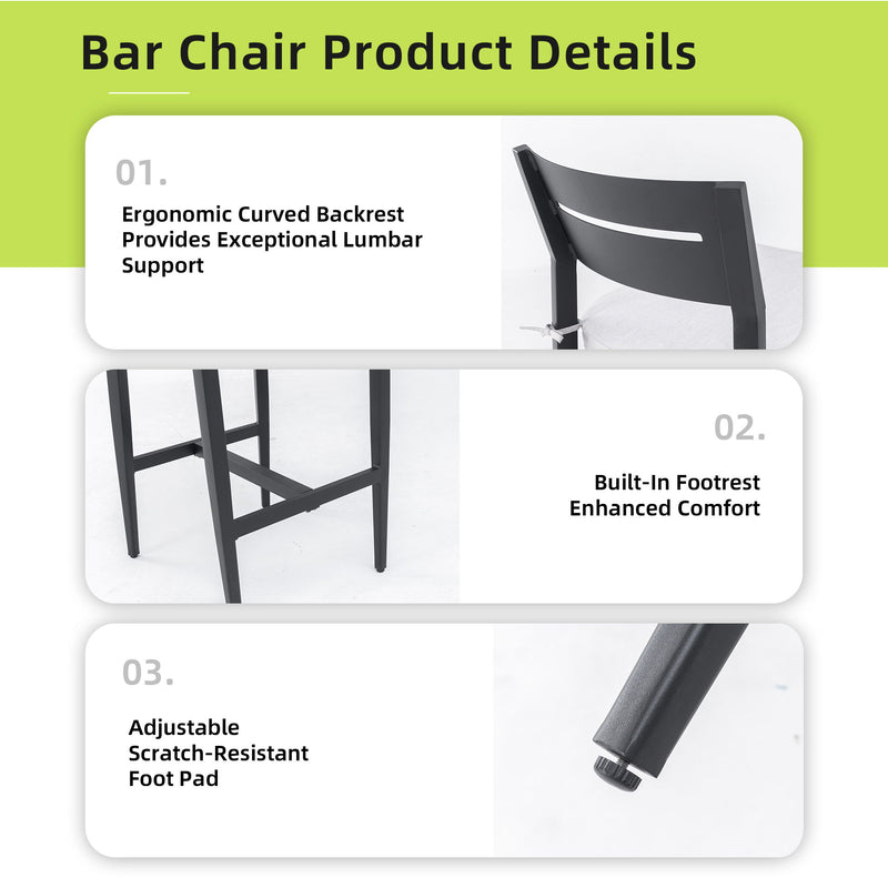 Modern Outdoor Bar Stools, Patio Chairs With Backrest And Footrest, Weather Resistant, Sunbrella Cushions (Set of 2) - Ember Black