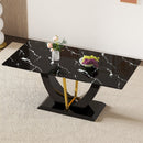 Modern Minimalist Luxurious Imitation Marble Dining Table Rectangular Office Desk With Tempered Glass - Black