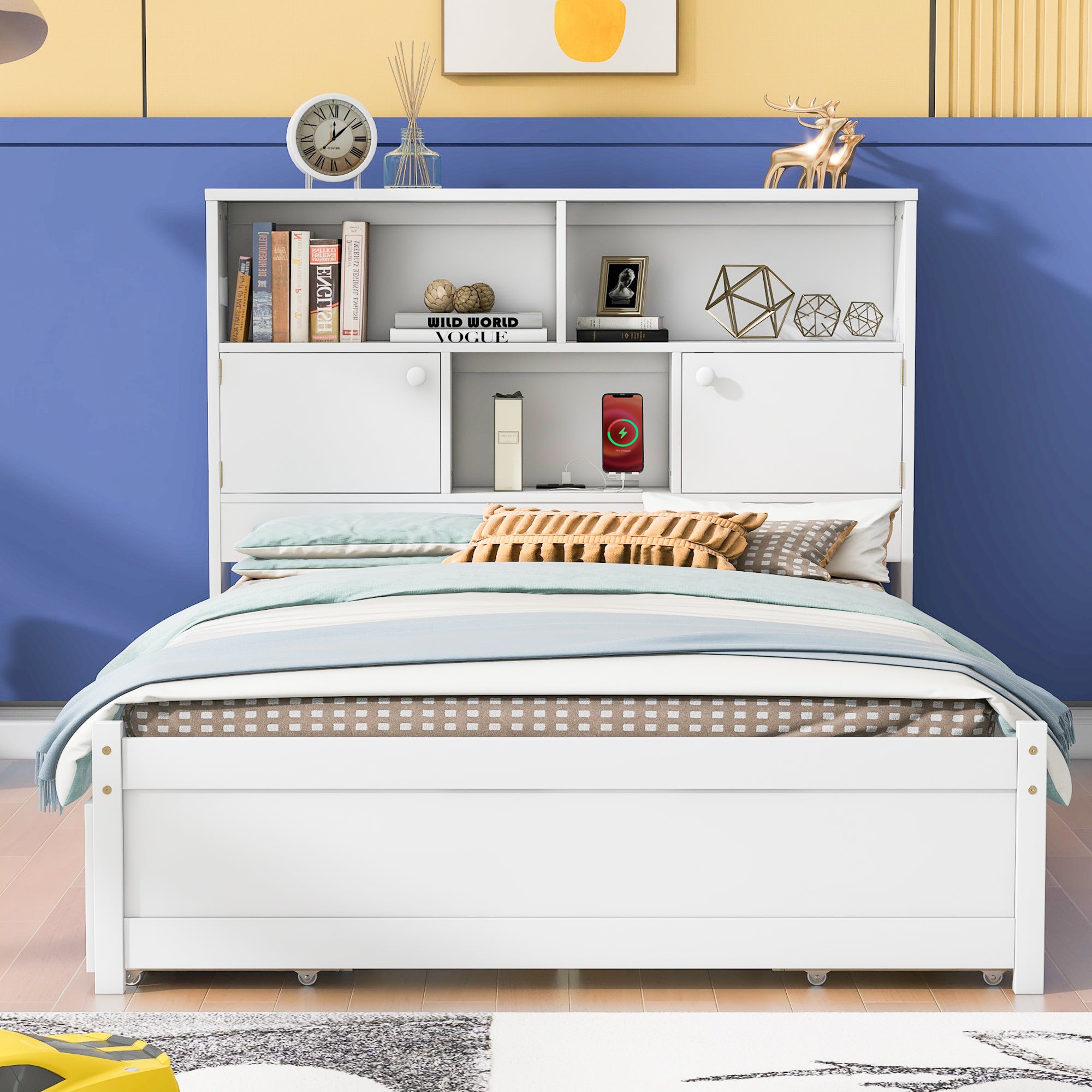 Full Size Platform Bed with Storage Headboard, Charging Station and 4 Drawers, White - Atlantic Fine Furniture Melbourne FL