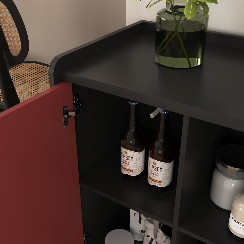 Modern Sideboard Buffet Cabinet With Red Doors And Unique Panel Styling