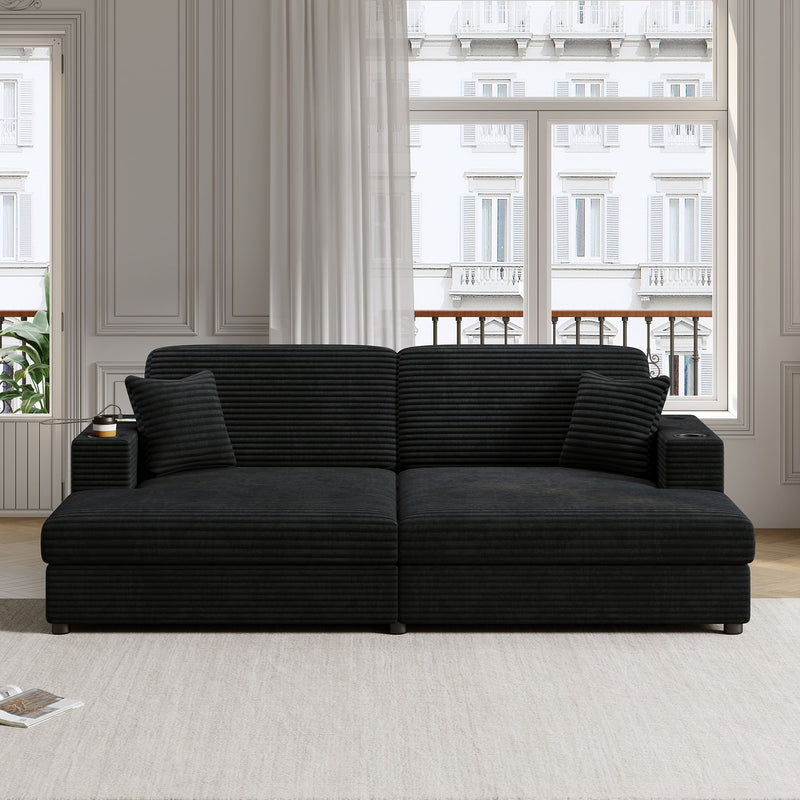 Oversized Loveseat Chaise With 2 USB Ports, 2 Cup Holders And 2 Throw Pillows