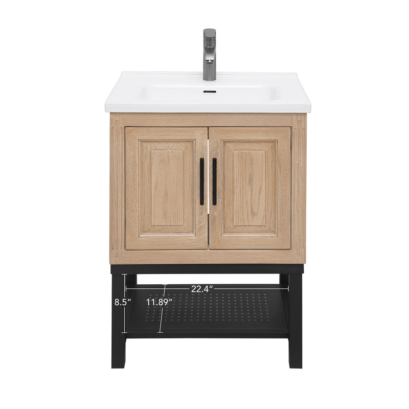 Modern Freestanding Bathroom Vanity With Ceramic Sink, Hot And Cold Faucet, Storage Cabinet & Open Shelf