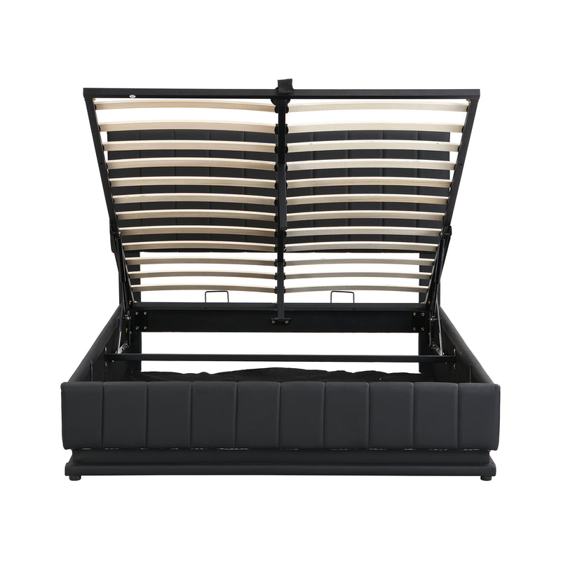 Full Size Upholstered Bed with Hydraulic Storage System and LED Light, Modern Platform Bed with Sockets and USB Ports, Black