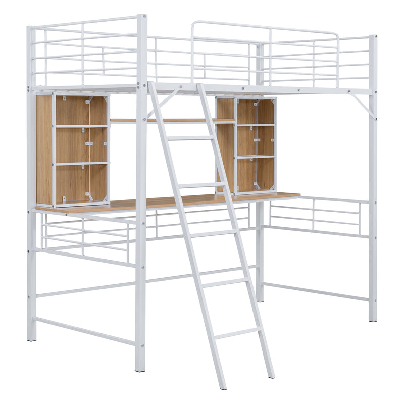 Twin Size Loft Bed with Desk and Shelf , Loft Bed with Ladder,Twin,White