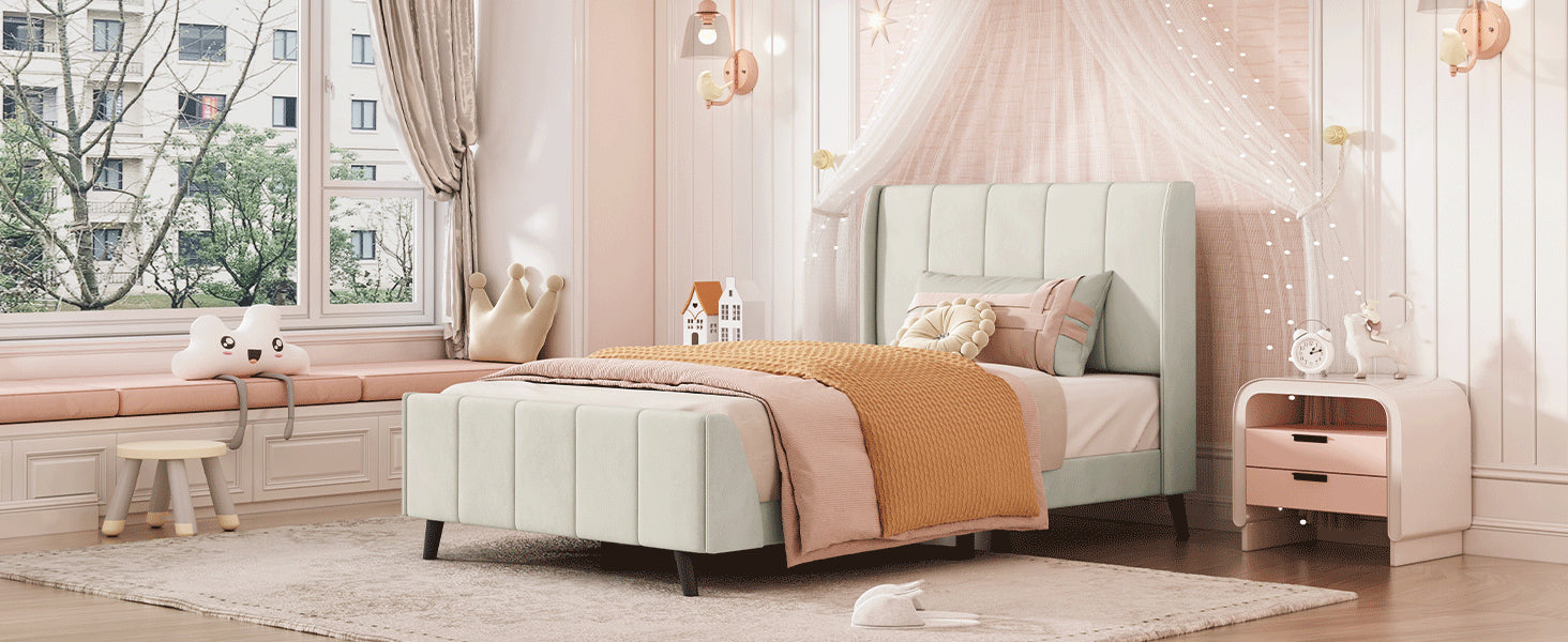 Twin Size Upholstered Platform Bed, Velvet, Beige - Atlantic Fine Furniture Melbourne FL