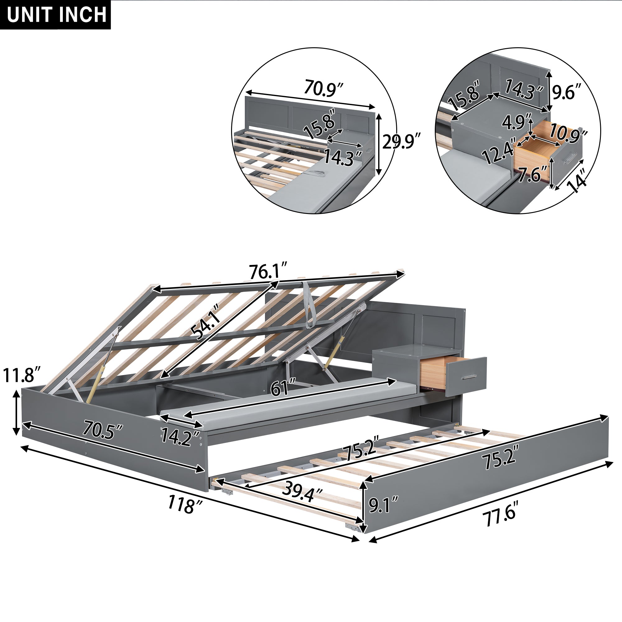 Full Size Wood Storage Hydraulic Platform Bed with Twin Size Trundle, Side Table and Lounge, Gray - Atlantic Fine Furniture Melbourne FL