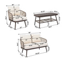 4 Piece Outdoor Patio Furniture Set, Metal Chairs With Woven Rope U Shaped Backrest