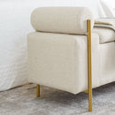 Elegant Upholstered Linen Storage Bench With Cylindrical Arms And Iron Legs, White