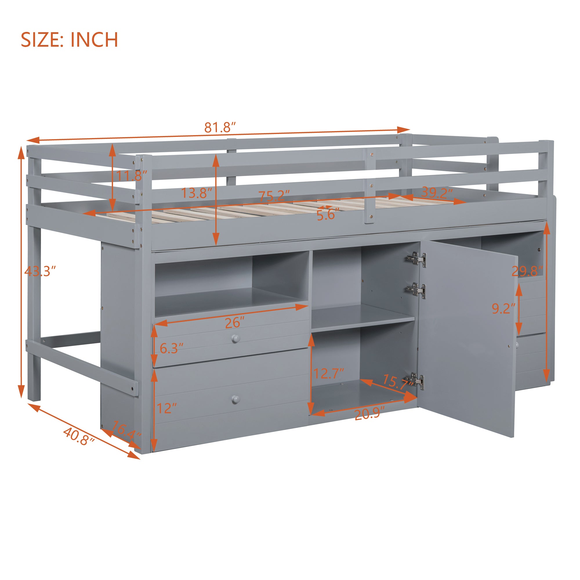 Twin Size Loft Bed with 4 Drawers, Underneath Cabinet and Shelves, Gray - Atlantic Fine Furniture Melbourne FL