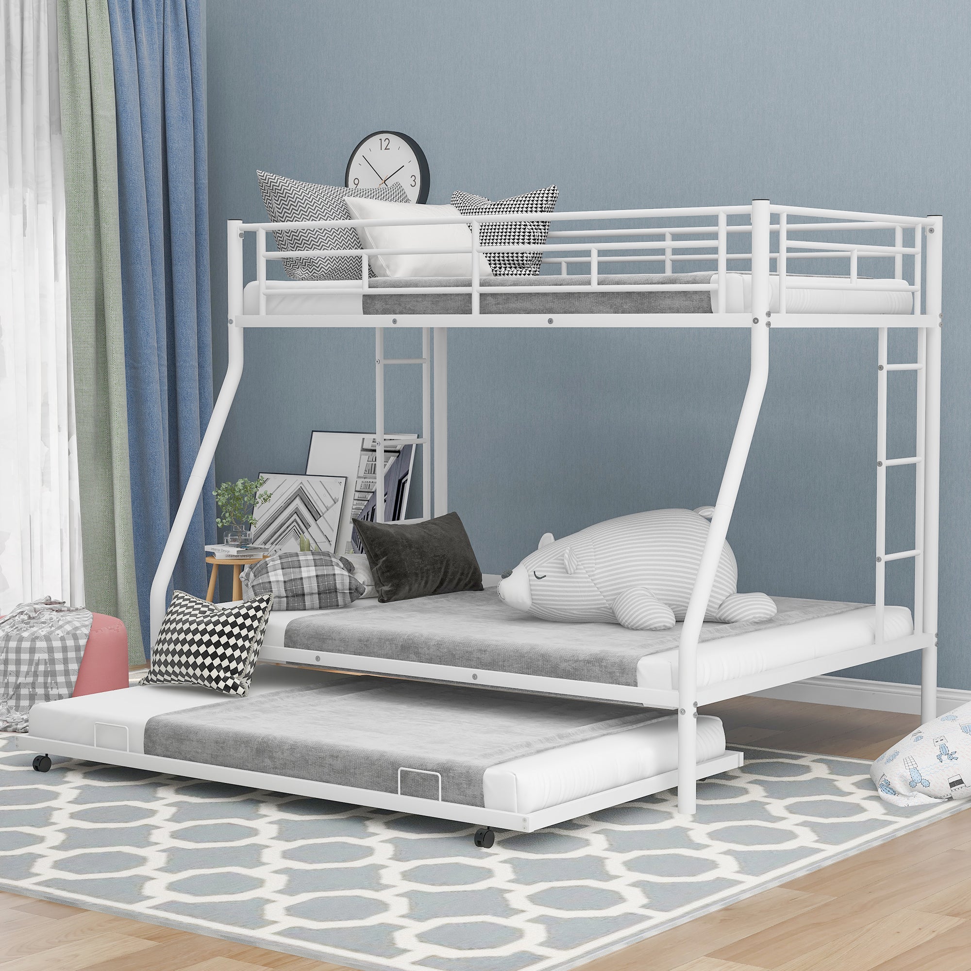 Twin over Full Bed with Sturdy Steel Frame, Bunk Bed with Twin Size Trundle, Two-Side Ladders, White(OLD SKU:MF194424AAK) - Atlantic Fine Furniture Melbourne FL