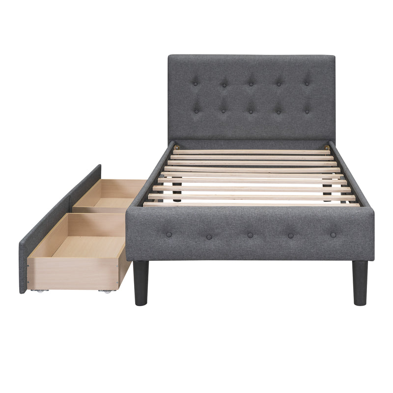 Twin Size Upholstered Platform Bed with 2 Drawers, Gray