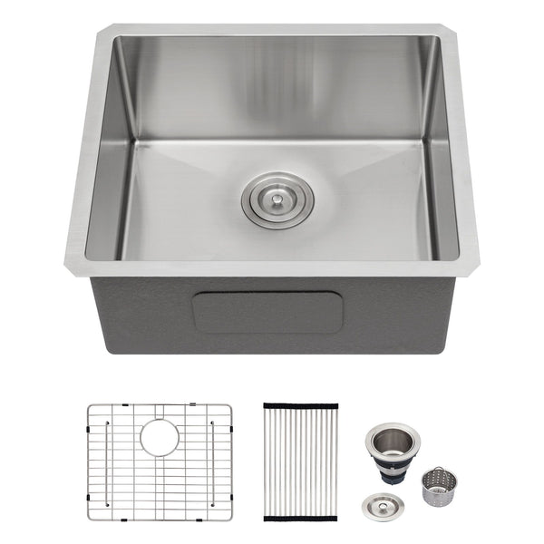 21" Undermount Stainless Steel Kitchen Sink With Brushed Nickel Finish, 16 Gauge T304, 10" Deep Single Bowl Basin