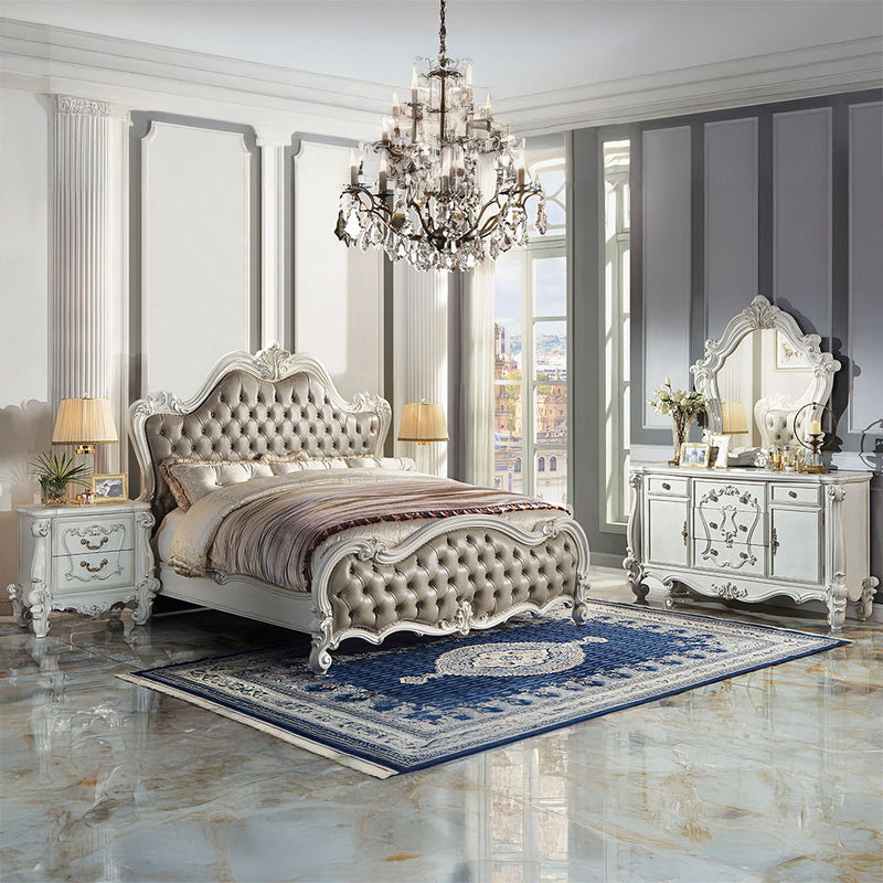 Versailles II - Queen Bed - Vintage Gray Synthetic Leather & Bone White